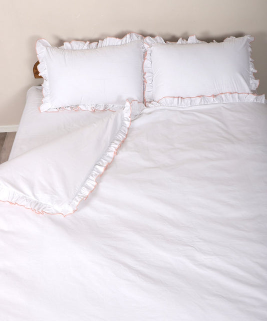 %100 Poplin Pamuk Kumaş l Fırfırlı Çift Kişilik Beyaz Nevresim Takımı