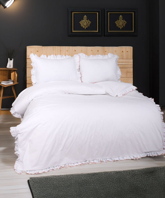 %100 Poplin Pamuk Kumaş l Fırfırlı Çift Kişilik Beyaz Nevresim Takımı