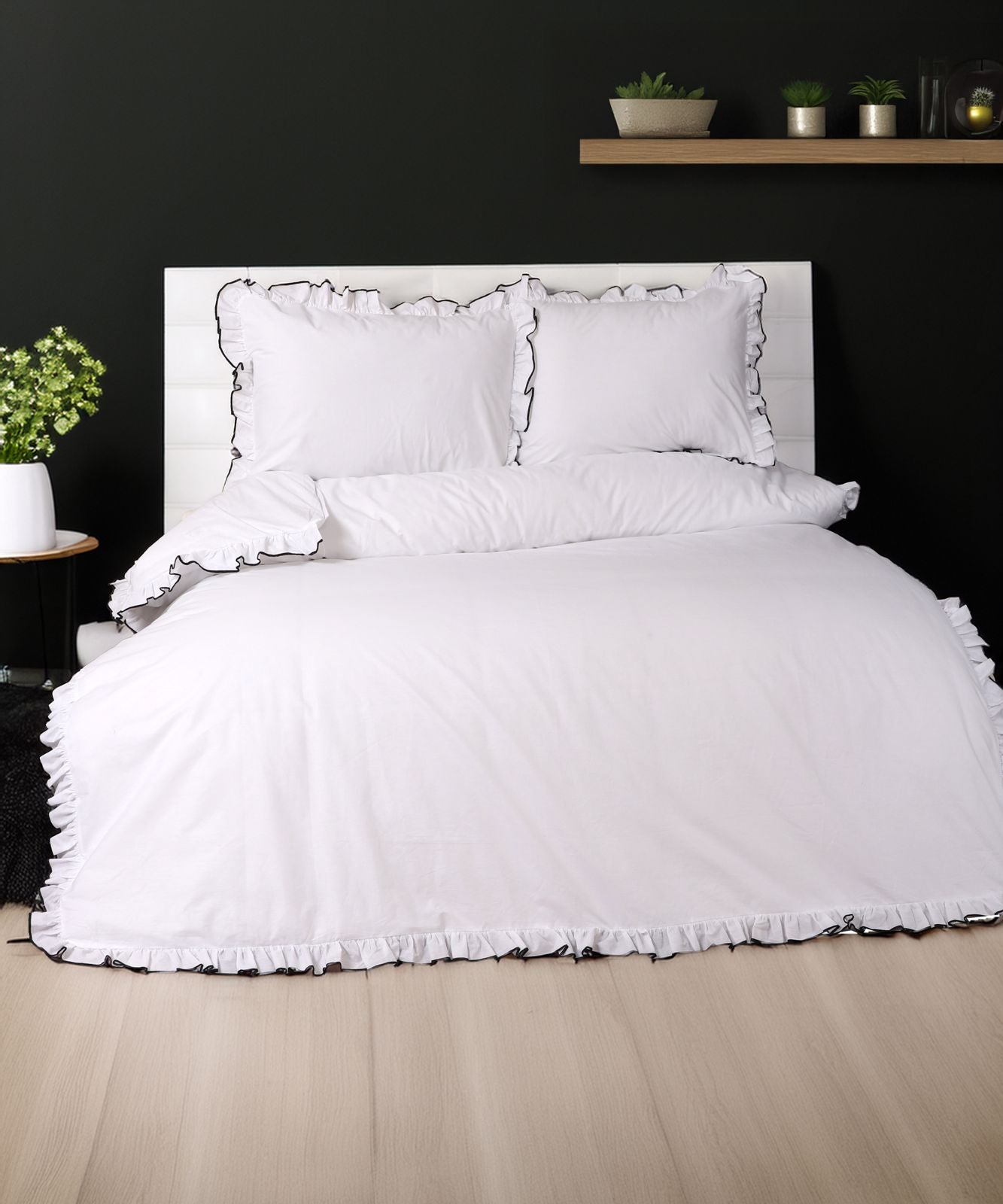 %100 Poplin Pamuk Kumaş l Fırfırlı Çift Kişilik Beyaz Nevresim Takımı