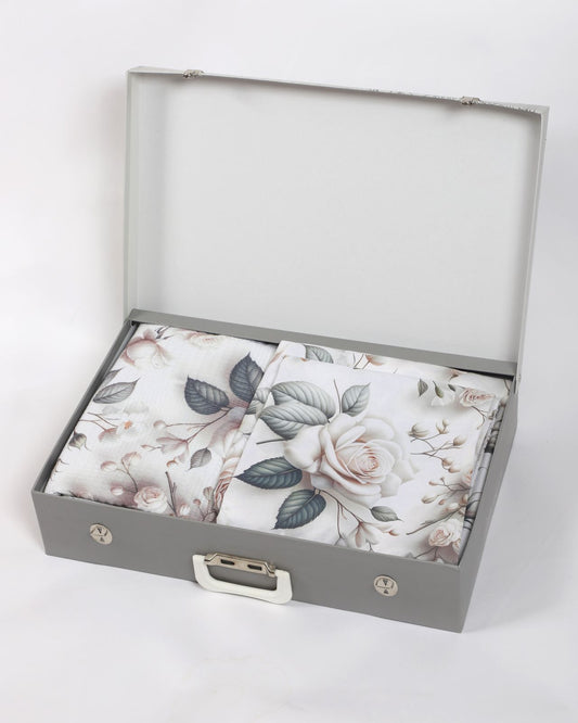 Çeyiz Seti - 5D Dijital Baskılı Gül Desenli %100 Pamuk, Şık Kutulu